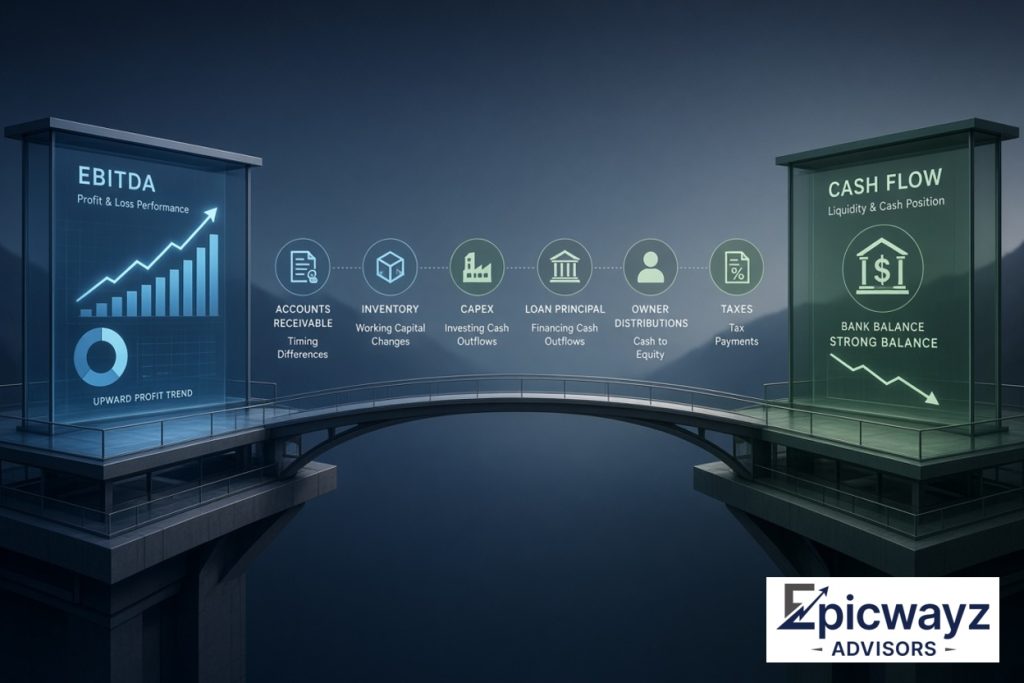 Diagram of the bridge from EBITDA to cash flow showing accounts receivable, inventory, capex, loan principal, owner distributions, and taxes